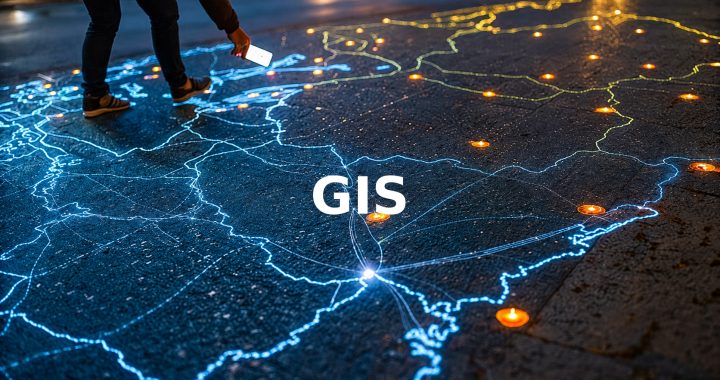 Interactive GIS map overlay displaying illuminated transportation networks, geospatial data connections, and location points on a digital map.